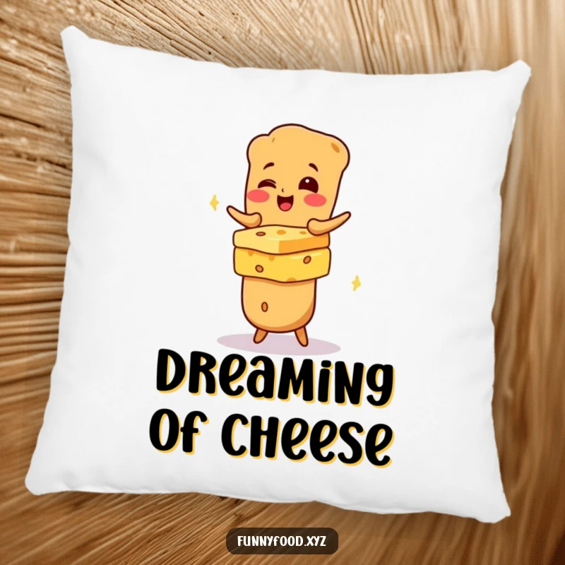 Funny giggling baguette character perched atop a stack of cheese, featured on a soft pillow for humorous relaxation.