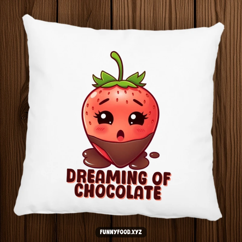 Funny strawberry pillow, eyes wide with surprise, seemingly about to be dipped in chocolate, a humorous and cozy home accent.