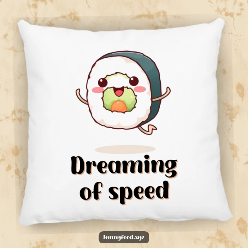 Funny sushi pillow, a happy sushi roll with legs running enthusiastically, soft and decorative cushion.
