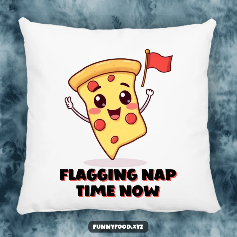 A plush, square pillow featuring a funny smiling pizza slice waving a small flag, perfect for cozying up.