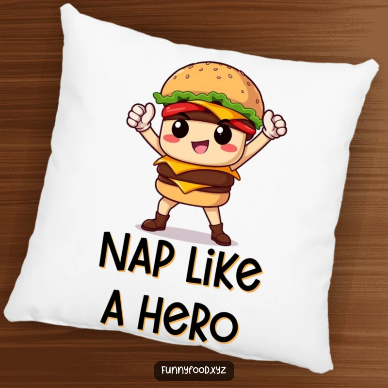 Funny proud burger hero striking a pose, featured on a soft pillow for humorous relaxation and heroic decor.
