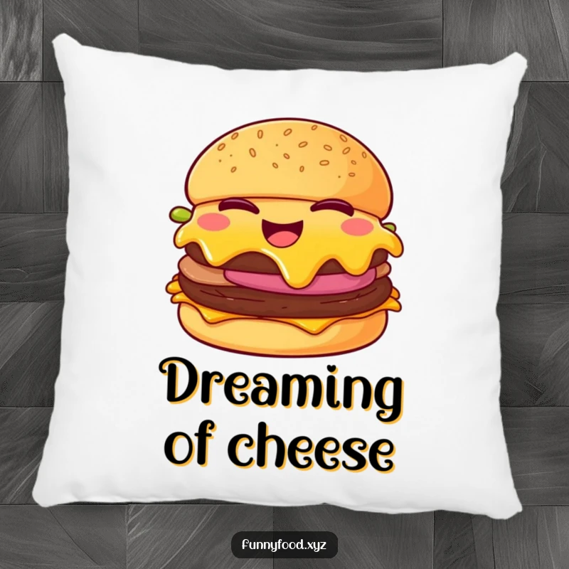 Funny cheeseburger pillow, showing a winking cheeseburger with melting cheese, soft and humorous decorative pillow.