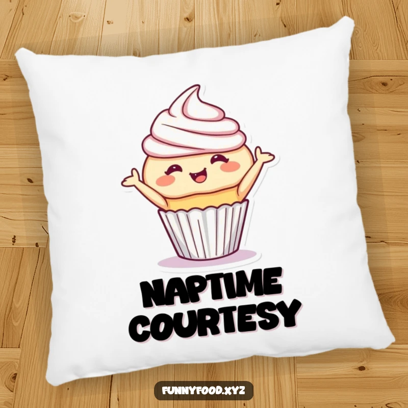 Funny cupcake pillow featuring a giggling cupcake in a playful bow, offering sweet comfort and charming humor. Ideal funny gift.