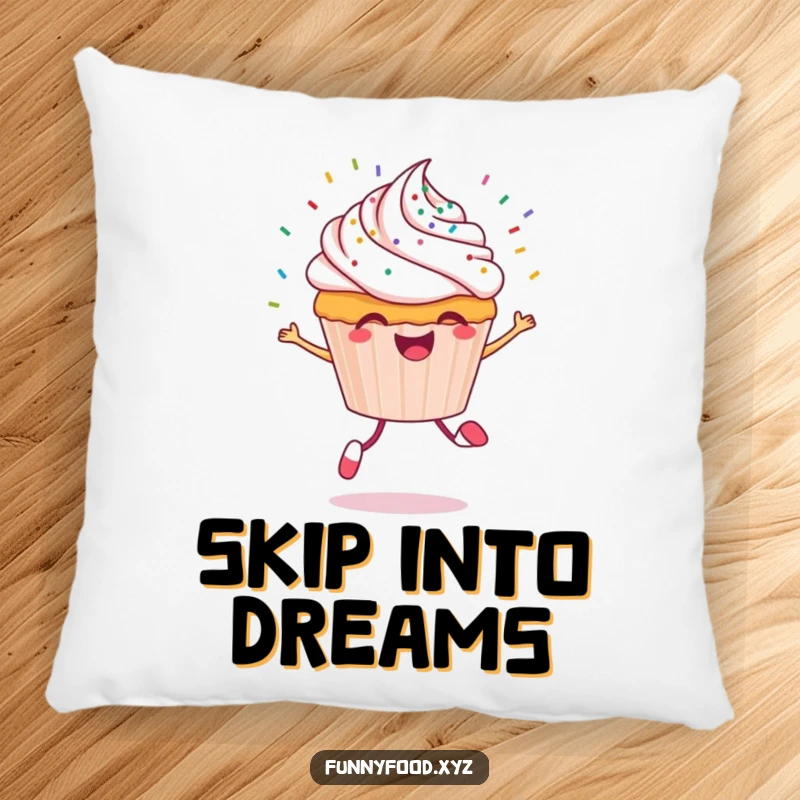Funny cupcake pillow with a cheerful cupcake character skipping happily, sprinkles flying, offering plush comfort and smiles.