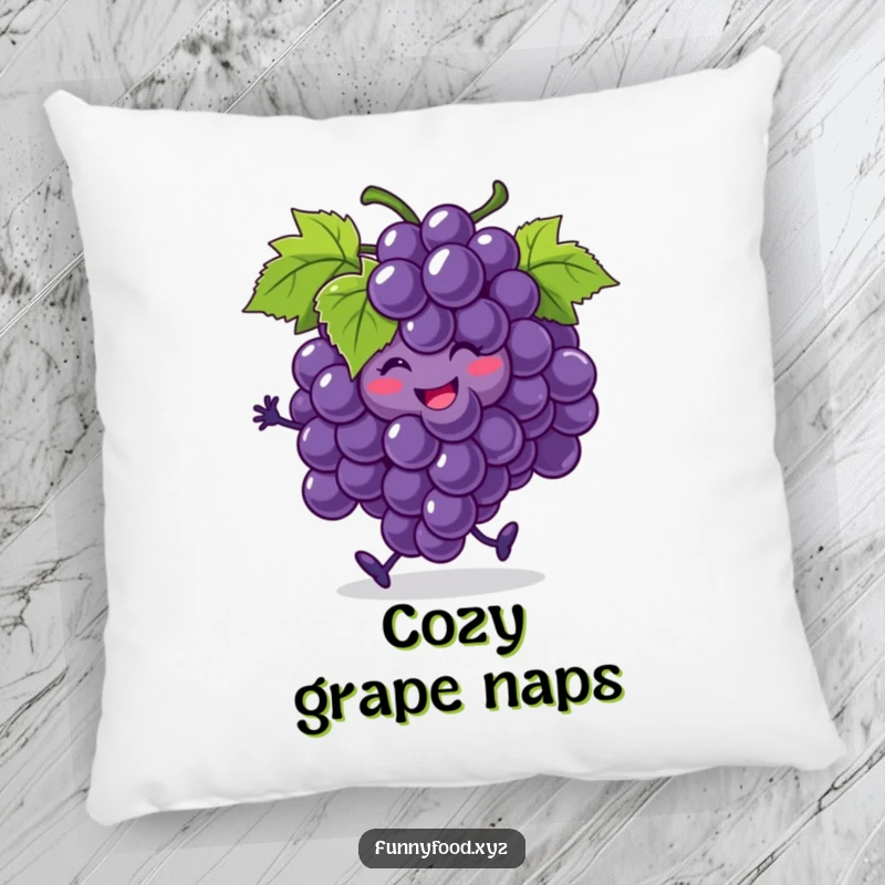 Funny smiling bunch of grapes pillow, doing a jig, with one grape rolling, a humorous and cozy decorative item.