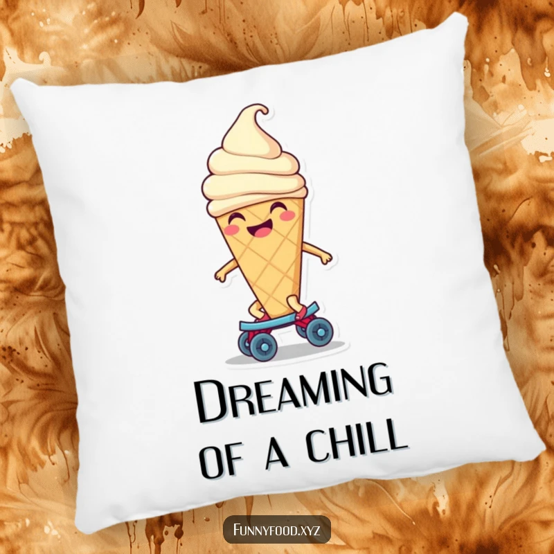 Funny ice cream cone pillow showing a contented character smiling while riding a tiny roller skate, offering plush comfort and cheerful vibes.
