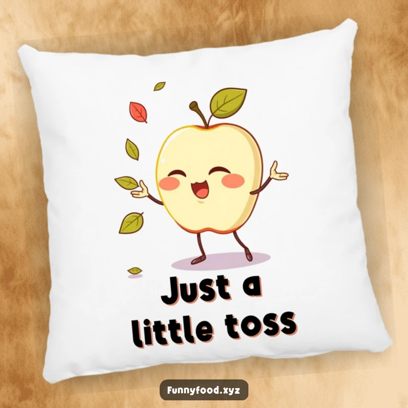 Funny pillow showcasing a winking anthropomorphic apple expertly juggling tiny leaves for a touch of whimsy.