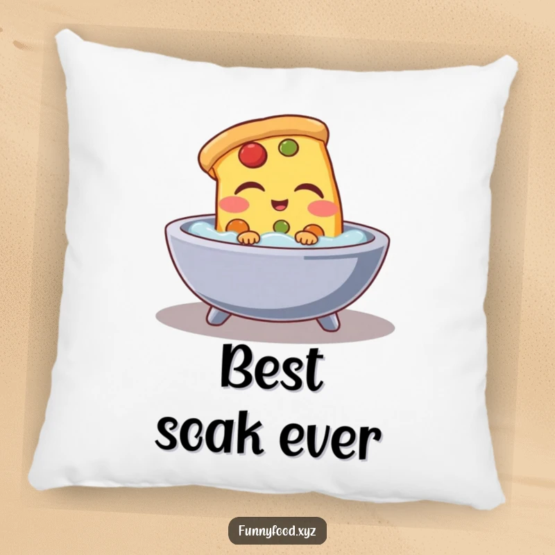 Funny pizza slice pillow, showing a happy pizza slice closed eyes in a bathtub, soft and humorous decorative pillow.