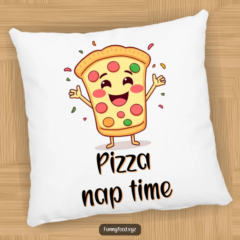 Funny pillow with a grinning pizza slice throwing confetti, adding a touch of festive food-themed fun.