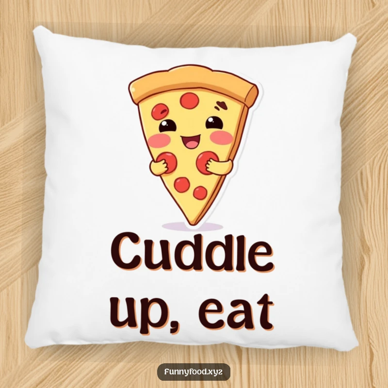 Funny throw pillow with a pizza slice character offering a warm, comforting hug, ideal for cozy spaces.