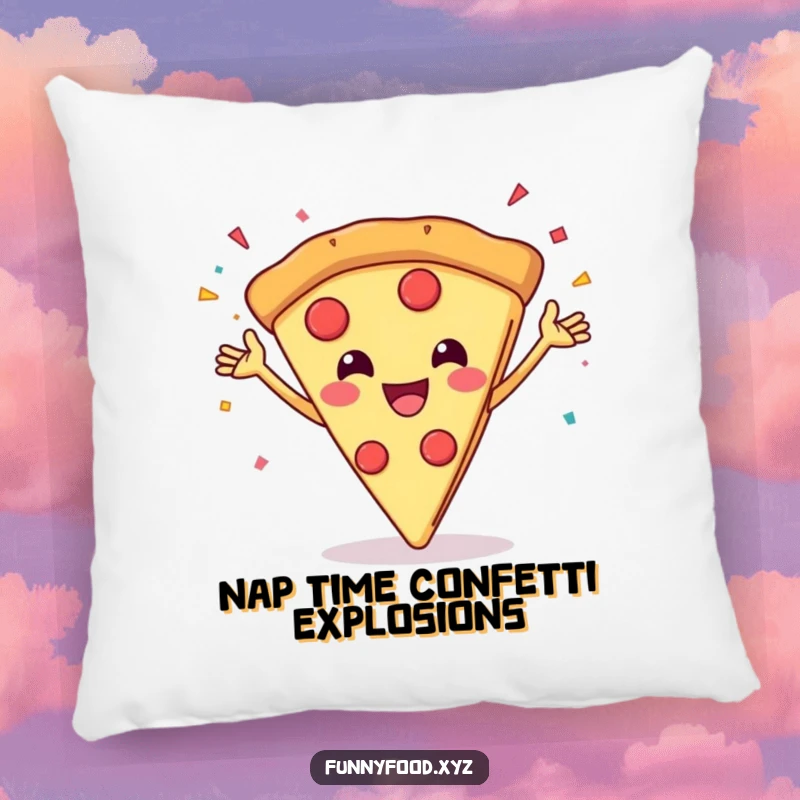 Funny pillow with a grinning pizza slice throwing confetti, perfect for cozy and celebratory decor.
