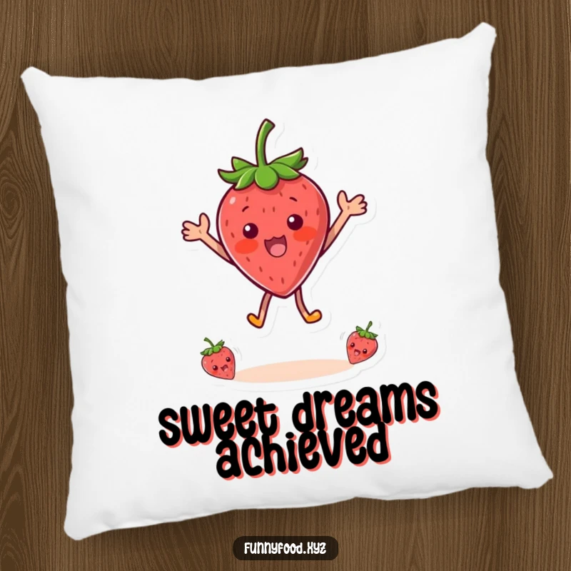 Funny pillow decorated with a surprised strawberry character in a joyful leap, offering comfort and a touch of playful humor.