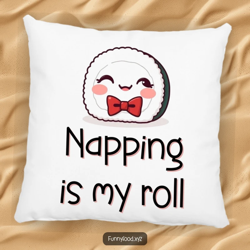Funny and soft pillow featuring a giggling sushi roll with a bowtie, offering comfort and Japanese-inspired humor.