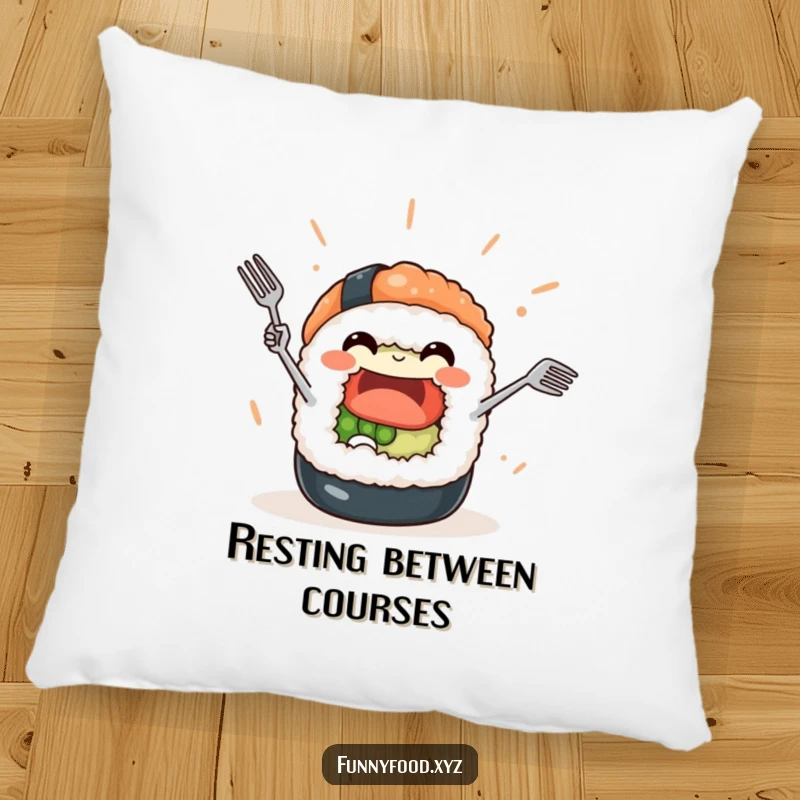 Funny Sushi Roll Pillow: A happy sushi character performs a juggling act with tiny forks, offering a funny and soft accent.