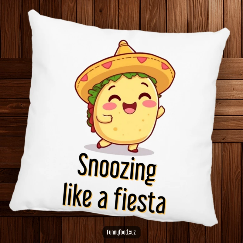 Funny pillow featuring a delighted taco in a sombrero, shimmying with joy, perfect for adding comfort and humor.