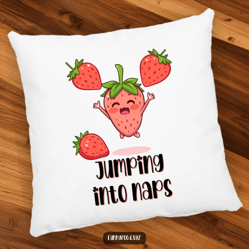 A plush pillow showcasing a surprised strawberry person jumping with excitement, bringing cozy humor.