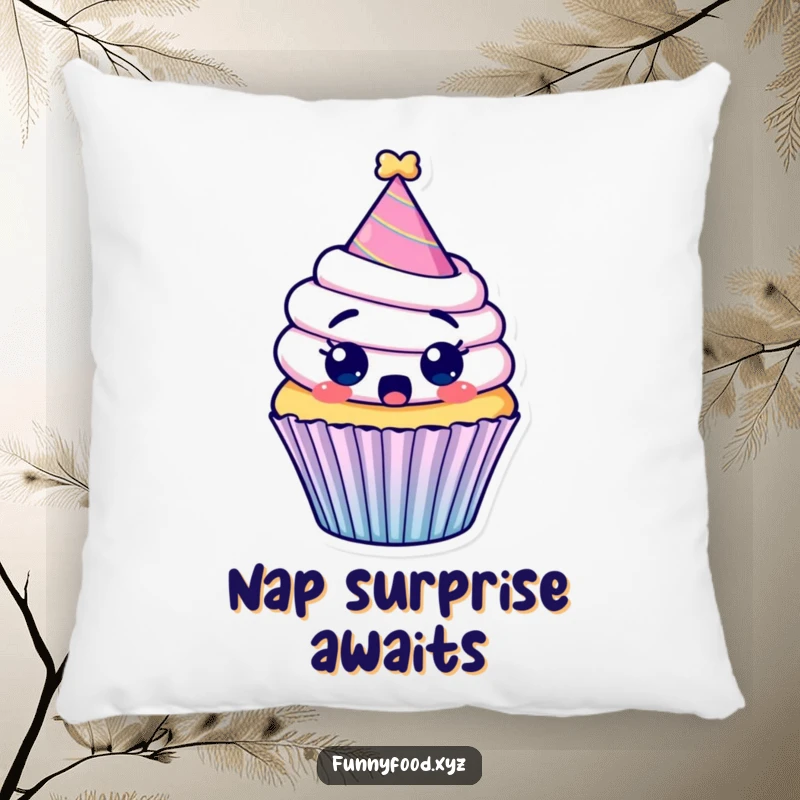 Funny pillow with a surprised cupcake wearing a party hat, looking adorably shocked and festive.