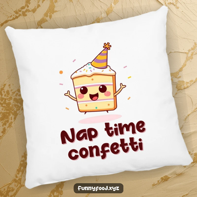 Funny happy cake slice pillow, wearing a party hat, bouncing with sprinkles, a humorous and cozy decorative accent.