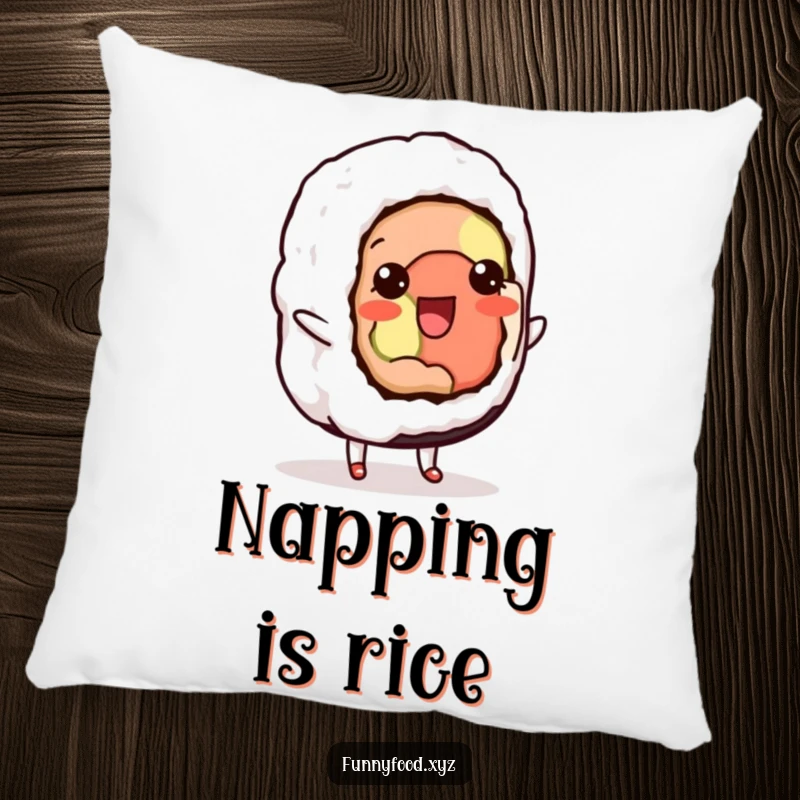 Funny pillow showing a delighted sushi roll performing a cute shuffle, bringing comfort and playful energy.
