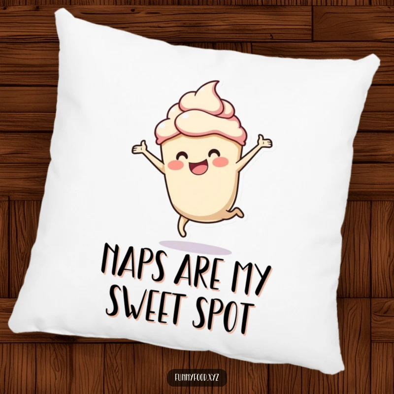 Funny pillow with a cheerful cupcake doing a cartwheel, perfect for cozy and sweet decor.