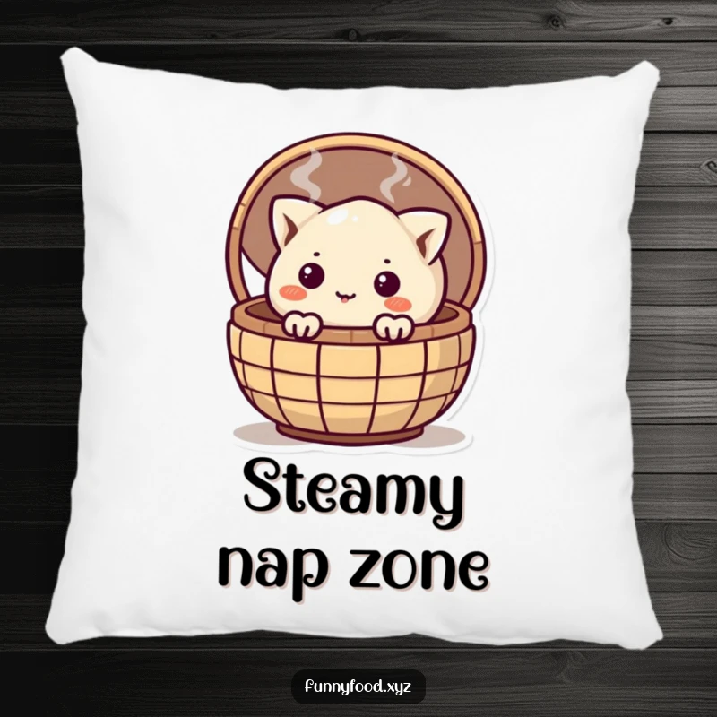 Funny curious dumpling peeking from a steamy basket, featured on a soft pillow for humorous relaxation and decor.