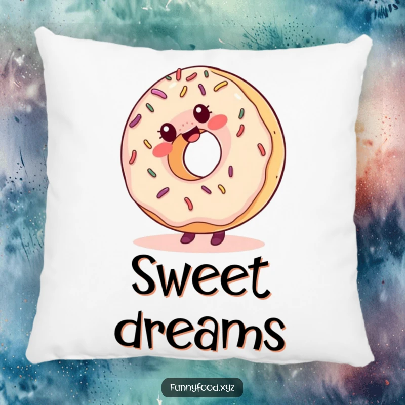 Funny pillow featuring a giggling donut with sprinkles, excitedly doing a cartwheel, perfect for adding a cozy and humorous touch.