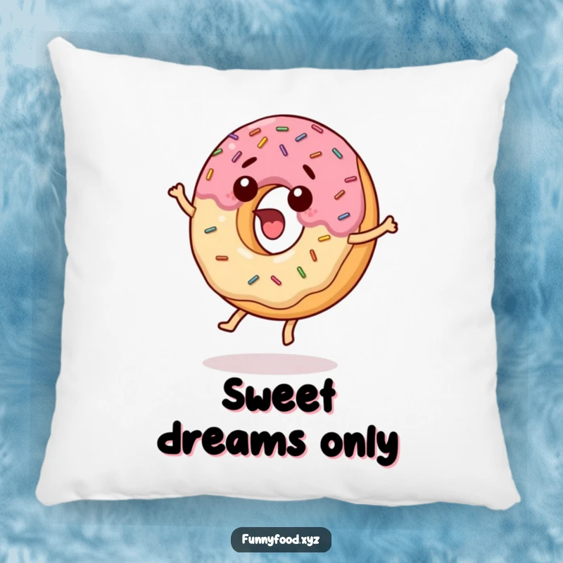 Funny pillow showing a surprised donut with sprinkles jumping, bringing comfort and playful energy.