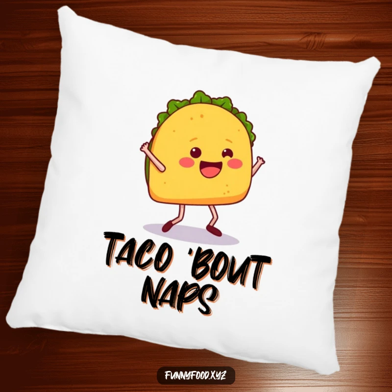 Funny pillow with a happy taco dancing energetically, adding a touch of food-themed fun and comfort.