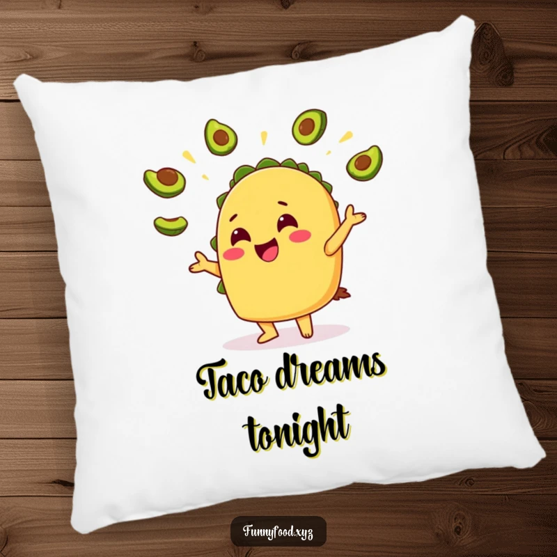 Funny Taco Avocado Pillow: A soft decorative pillow featuring a cheerful taco juggling tiny avocado slices.
