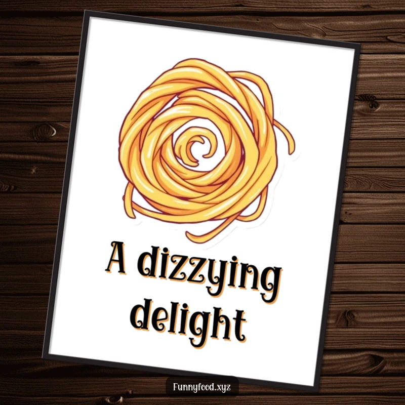 Funny digital art print of a spinning pasta swirl, a humorous illustration for download, perfect for kitchens.