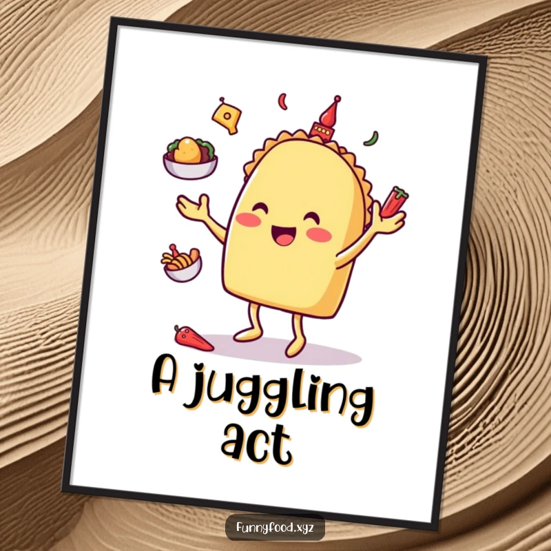 Happy taco character juggling miniature toppings, presented as a digital art print for instant decor.