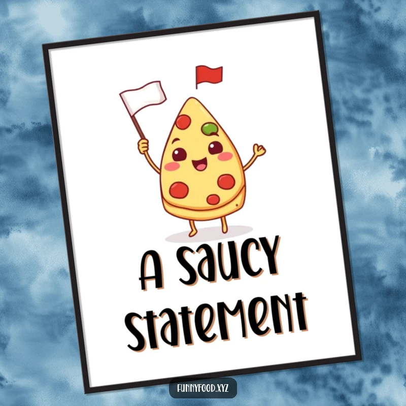 Funny pizza digital art print, a cheerful pizza slice waving a small flag, high-quality humorous food art.