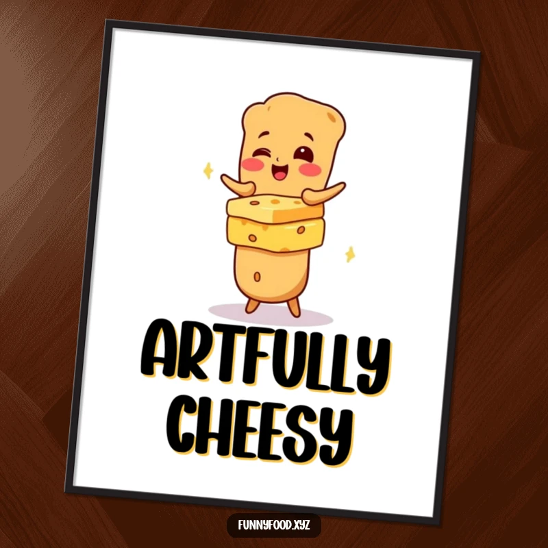 Funny giggling baguette balancing cheese, perfect for printable wall art to add instant humor and charm.