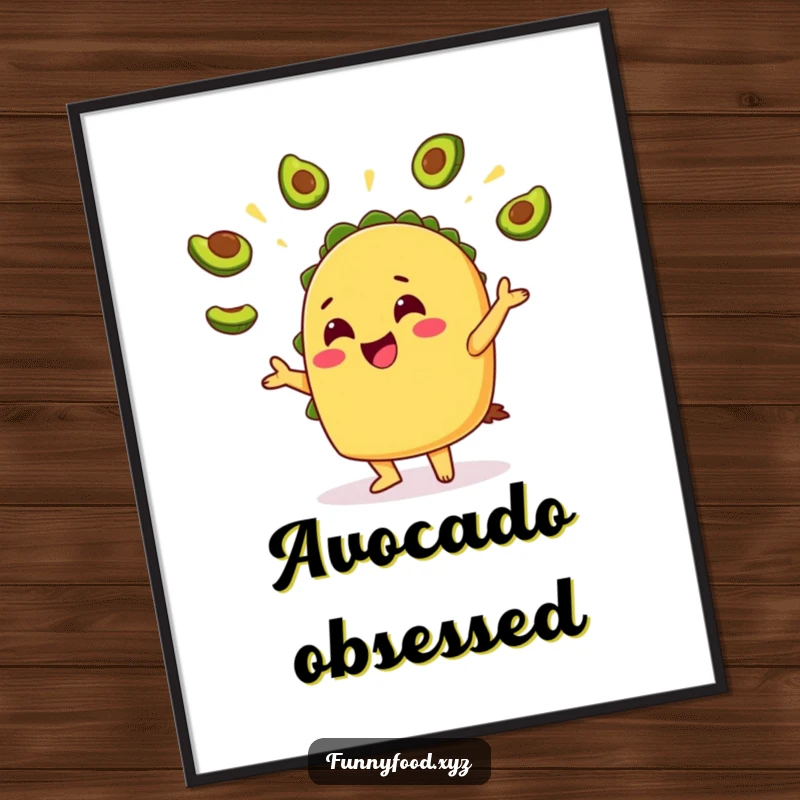 Funny Taco Avocado Digital Art Print: High-quality digital art of a cheerful taco juggling tiny avocado slices.