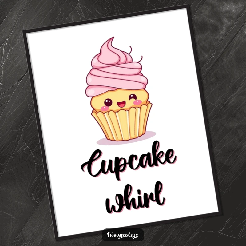 Funny digital art print of a playful cupcake with frosting hair excitedly spinning, creating a fun and whimsical scene.
