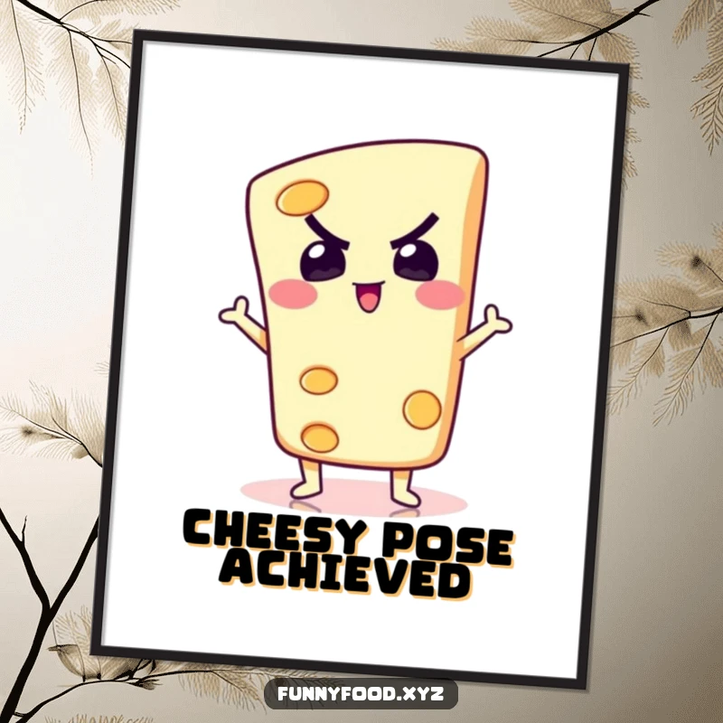 A determined slice of cheese striking a silly pose, conveying humor and fun, ready to be printed as wall art.