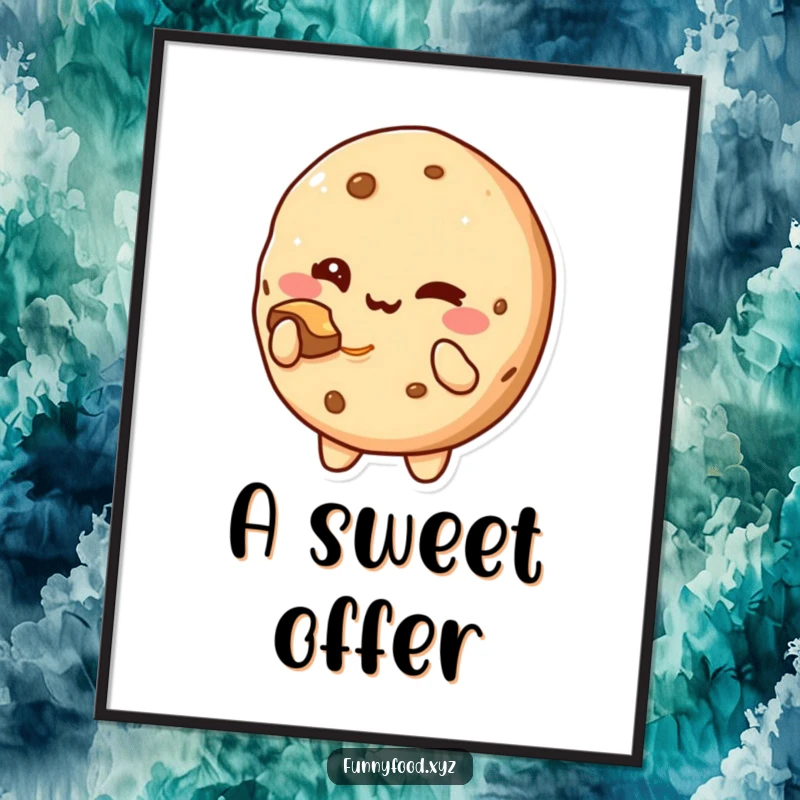 Funny Digital Art Print: A cute cookie character winking and offering a bite.