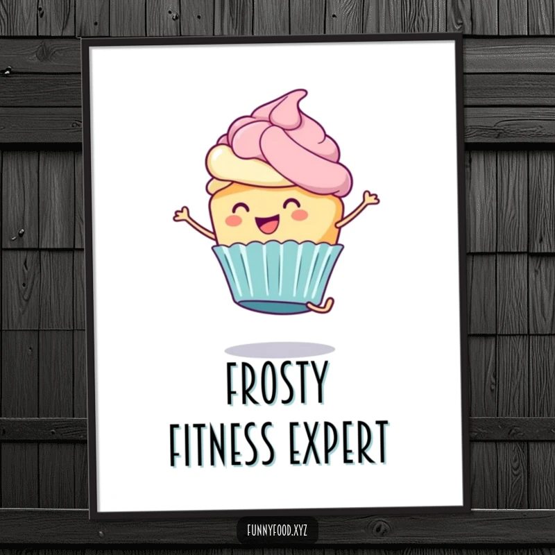 Funny Cupcake Digital Art Print: A joyful cupcake with frosting performs a cartwheel, offering a fun and sweet digital decoration.