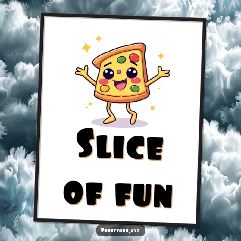 Funny digital art print of a smiling pizza slice with legs disco dancing, capturing a moment of pure, unadulterated fun.