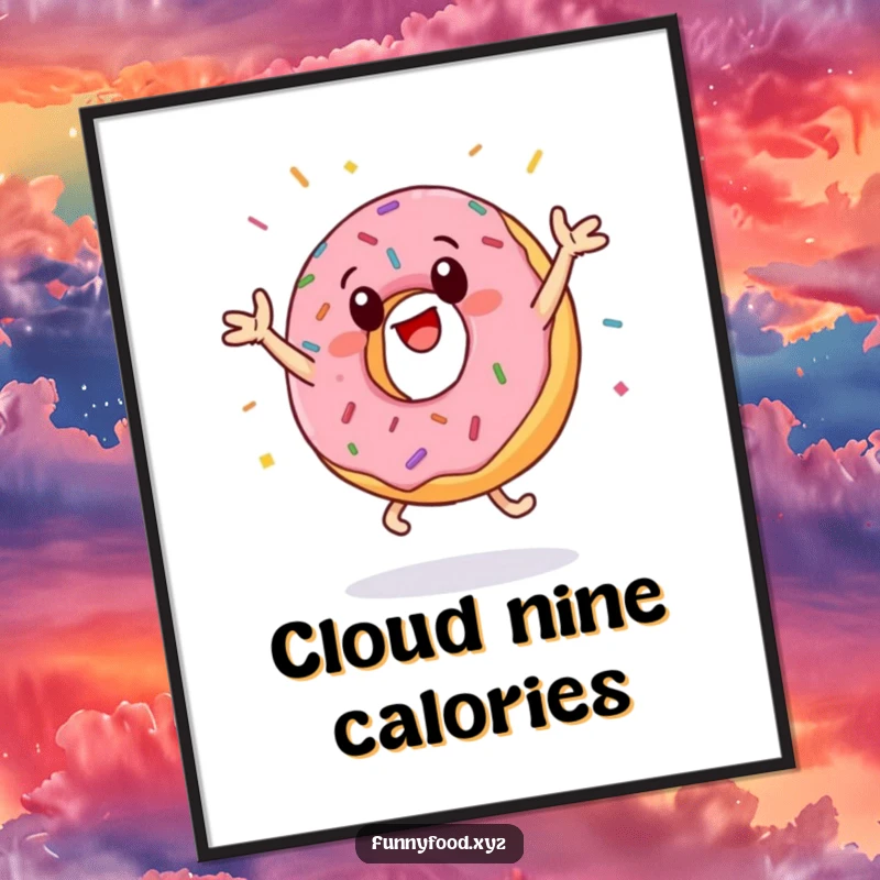 Funny donut digital art print of an anthropomorphic donut energetically doing jumping jacks, with a dynamic sprinkle shower creating a humorous and artistic statement.