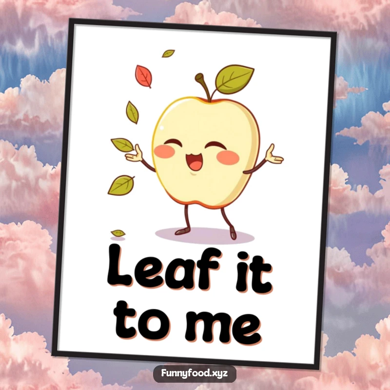 Funny digital art of a winking anthropomorphic apple juggling leaves, a whimsical and humorous printable.