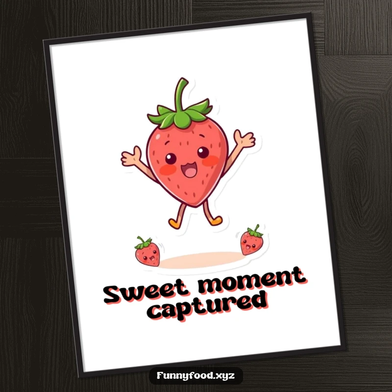 Funny digital art print capturing a surprised strawberry character mid-leap, radiating pure excitement and playful energy for instant wall decor.