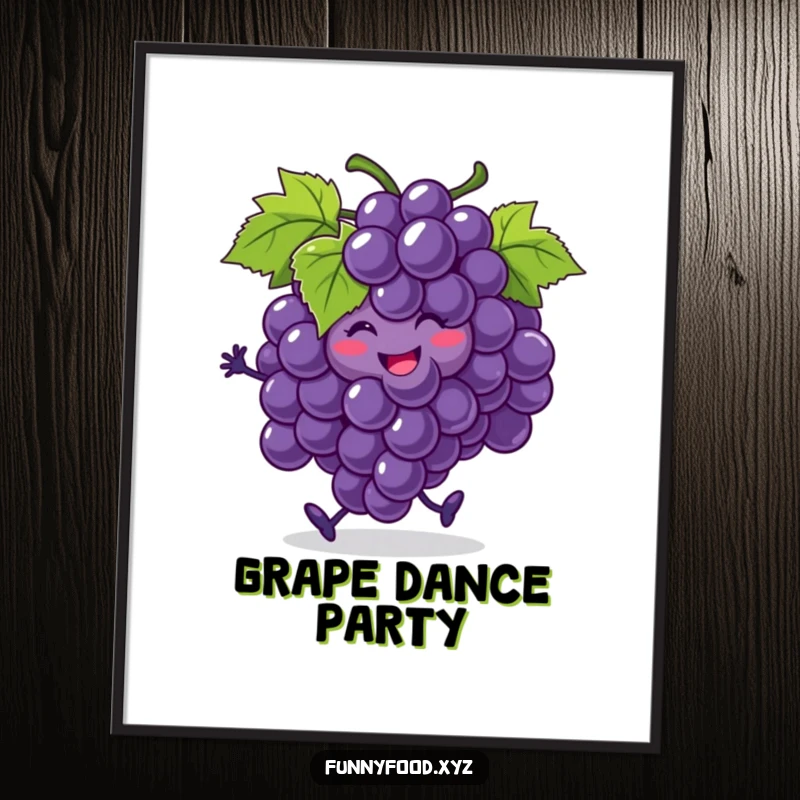 Funny bunch of grapes digital art print, smiling and jigging, with one grape rolling, vibrant and humorous fruit-themed wall art.