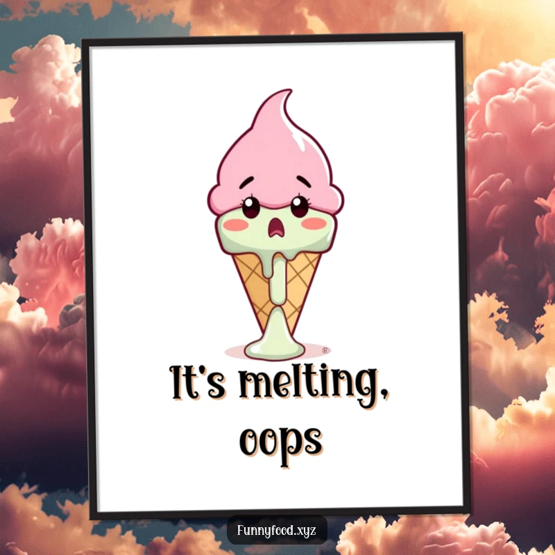 Funny ice cream cone digital art print of a shocked cone watching its drip melt, ideal for instant, humorous decor.