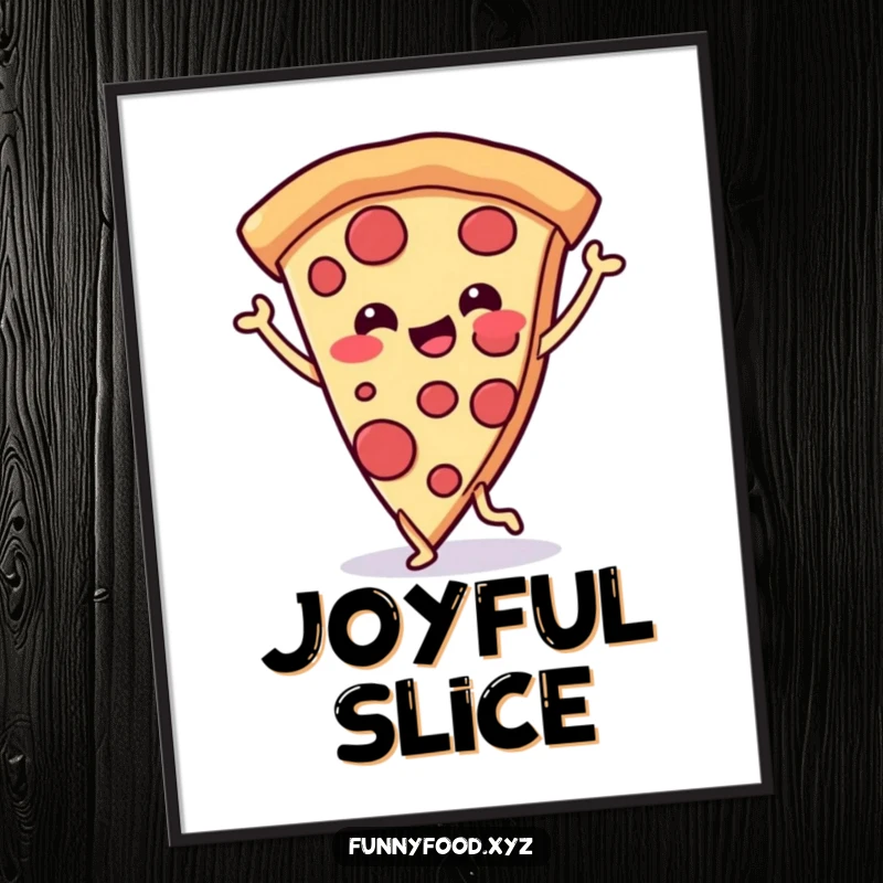 Funny digital art print of a cheerful pizza slice with legs dancing joyfully, creating a fun and vibrant culinary scene.