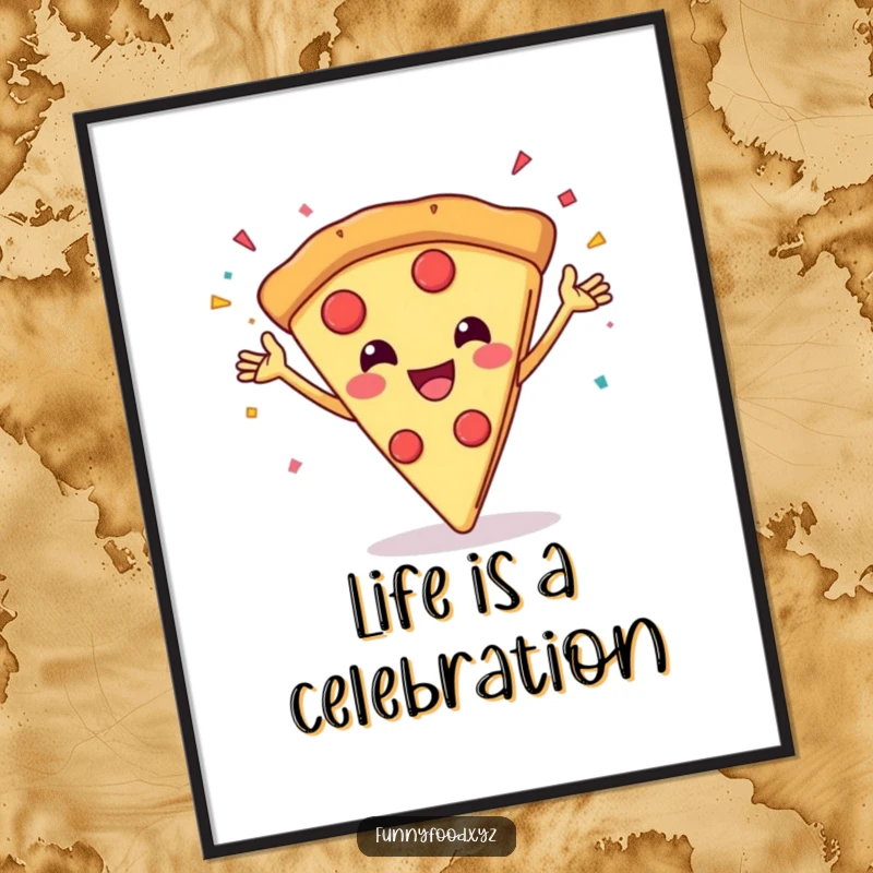 Funny digital art print of a grinning pizza slice throwing confetti, bringing instant party vibes.