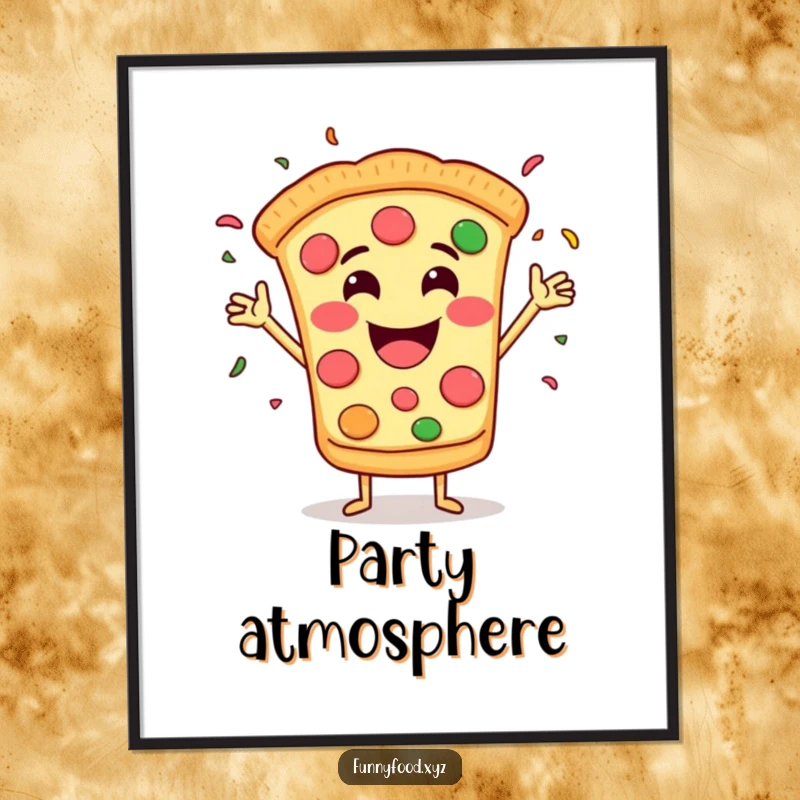 Funny digital art print of a grinning pizza slice joyfully throwing confetti, ready to bring party energy home.