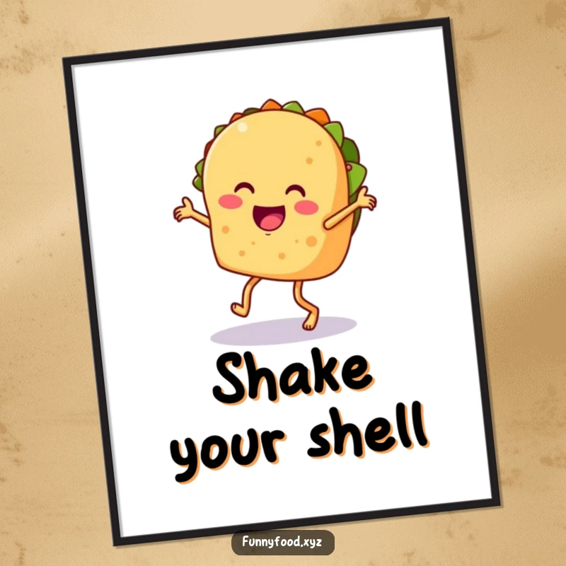 Funny taco digital art print, showing a taco dancing salsa, vibrant and humorous for immediate download.