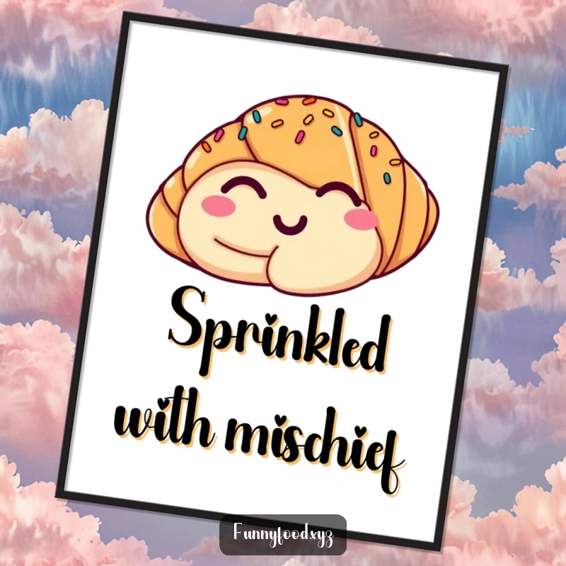 Funny digital art print of a winking croissant with sprinkles, offering instant humorous decor for any space.