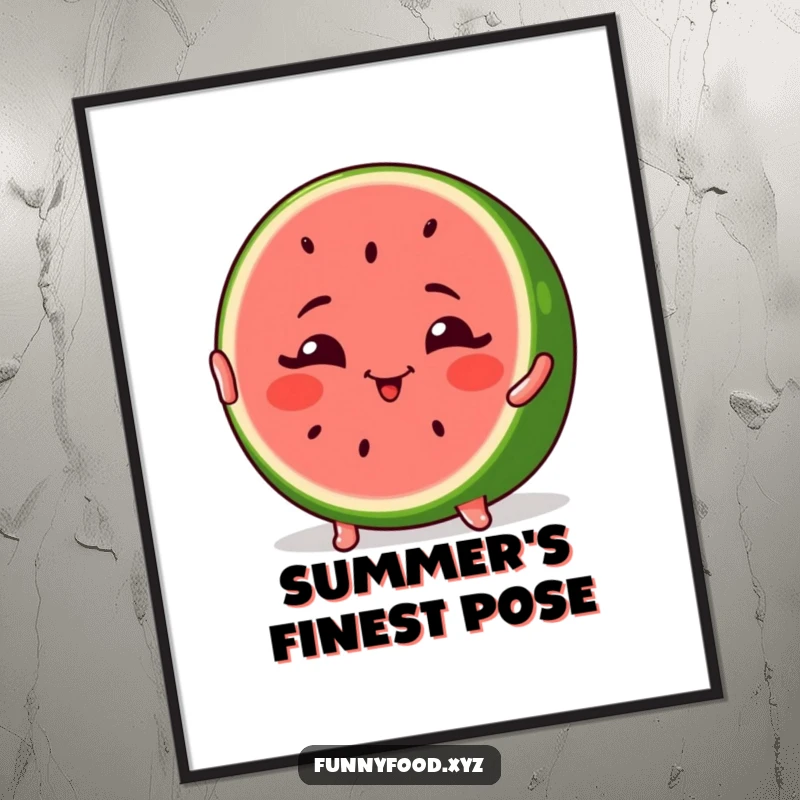 Funny Watermelon Digital Art Print of a winking watermelon slice striking a pose, full of summery energy.
